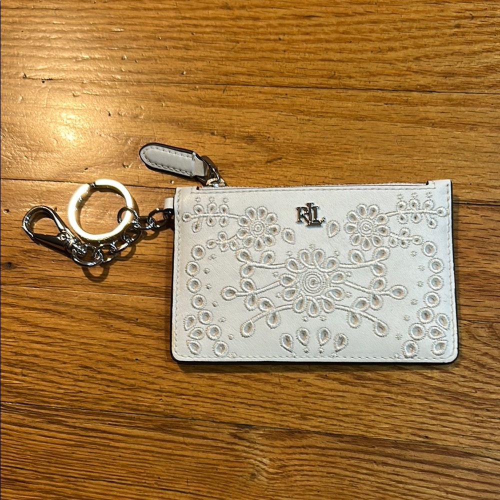 White Embroidered Card Holder with Keychain